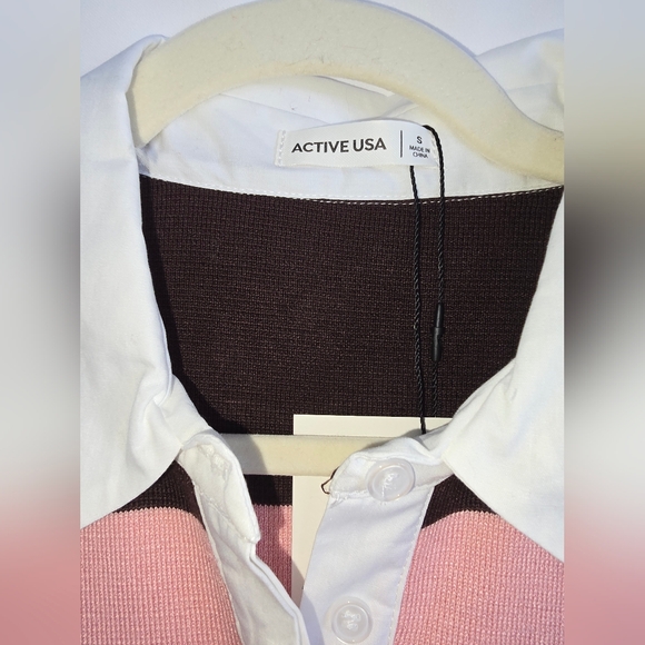 ​Active USA Striped Knit Polo Midi Dress - Pink & Brown Preppy Collared Sheath - Picture 10 of 14